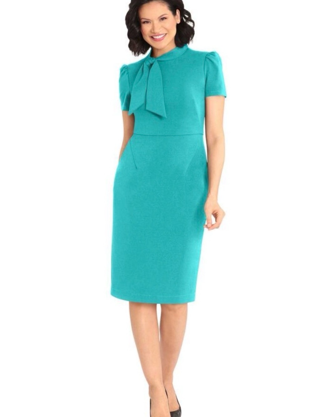 Maggy London Teal Bow-Neck Midi Short Sleeve Dress